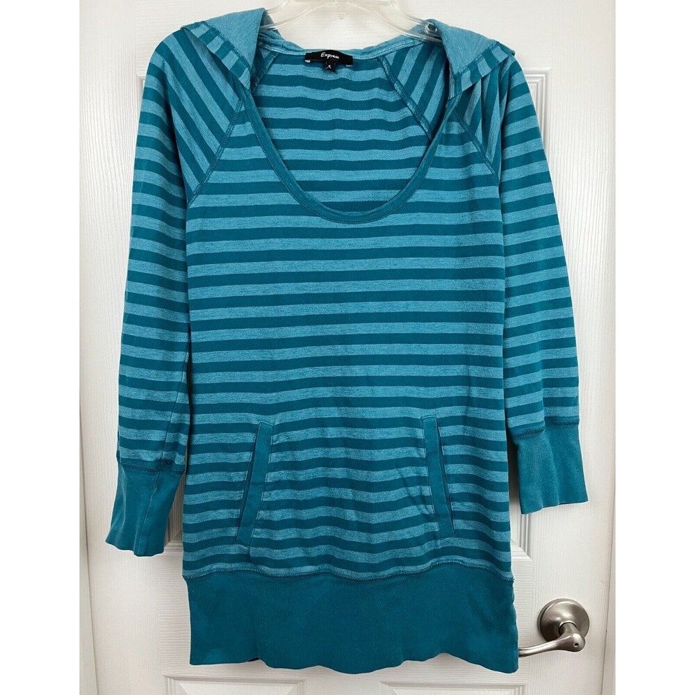 EXPRESS - Teal Stripe Scoop Neck Long Sleeve Hooded Tunic Knit Top size Small